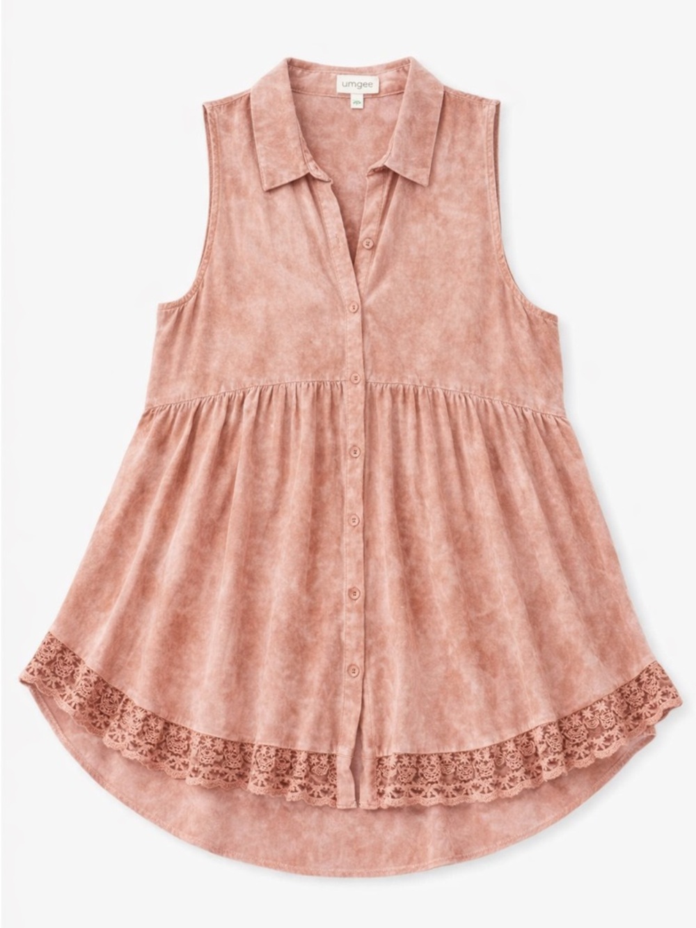 Pink Acid Wash Sleeveless Shirt Dress Lace Hem Umgee Size M